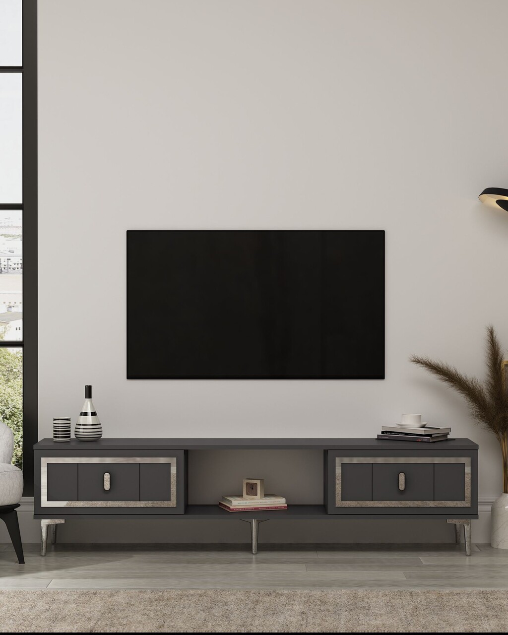 Comoda TV, Hanah Home, Orion, 150x44.6x29.6 cm, PAL , Antracit / Argintiu - imagine 7